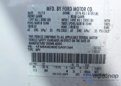 2014 Ford Explorer Xlt из США, поврежденный, VIN 1FM5K8D80EGA91344